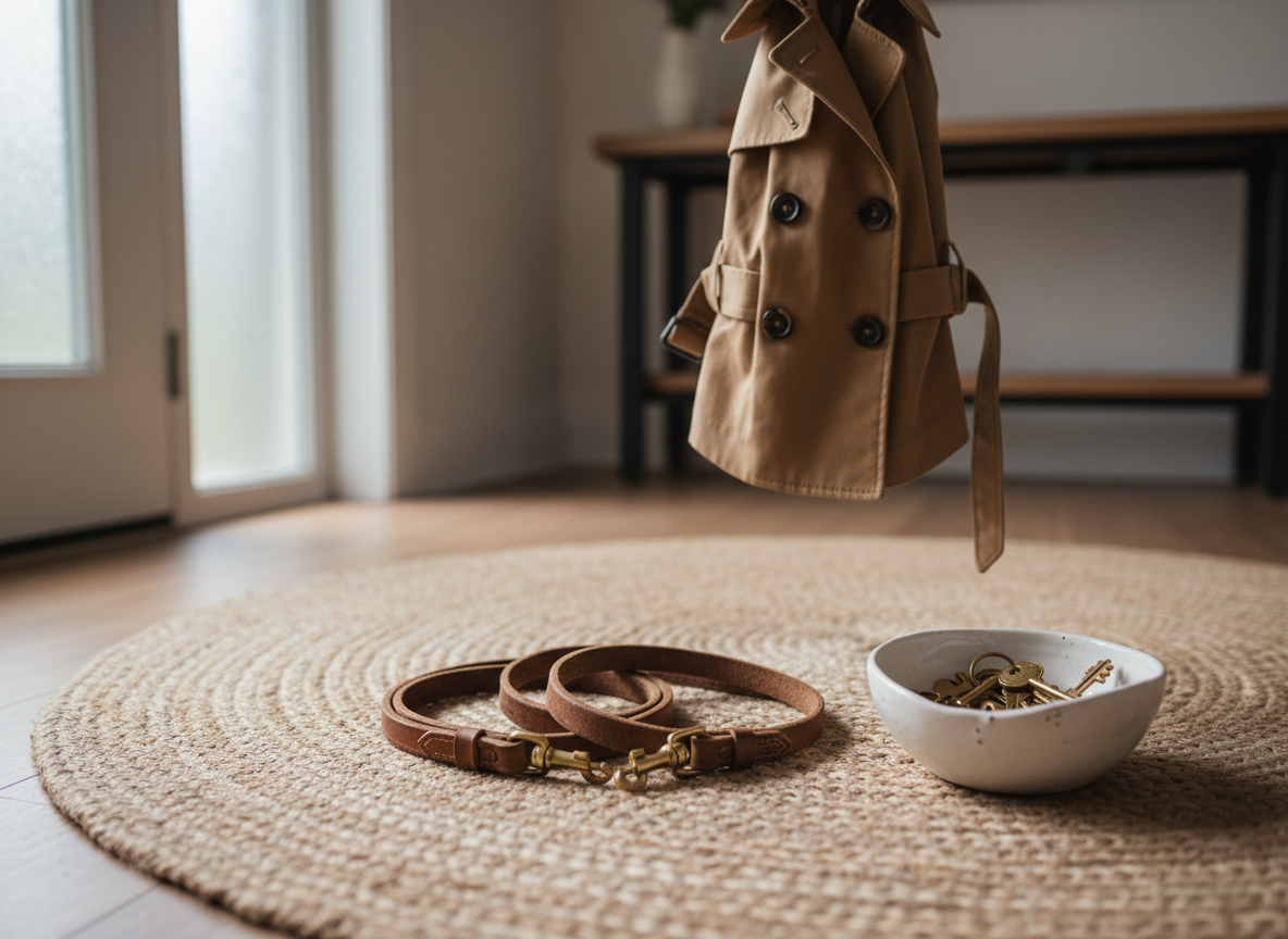 An elegant entryway vignette shows a braided jute rug with a pair of well-worn leather dog leashes neatly coiled side by side, resting next to a minimalist ceramic bowl filled with polished brass keys. Nearby, a slim wall hook holds a tailored trench-style dog coat in a warm taupe color. Diffused overcast light streams from a nearby frosted glass door, creating soft highlights on the leather and gentle shadows around the objects. Photographic realism, shot from a low angle with shallow depth of field, keeps the leashes in sharp focus while the background blurs. The scene feels sophisticated yet lived-in, evoking the rhythm of daily transitions and the subtle bond that forms at the threshold of home and outside world.