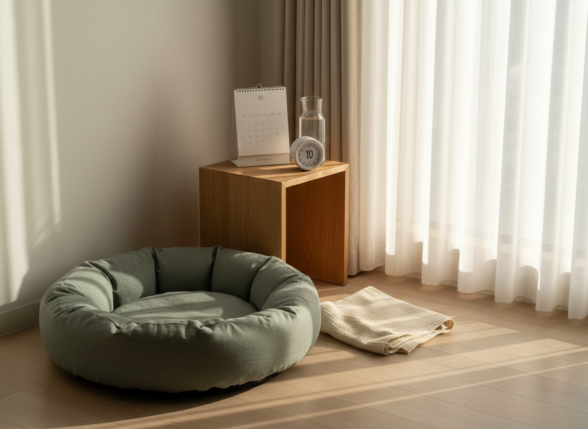 A tidy corner of a contemporary living room features a plush, round dog bed in muted sage green, its linen texture clearly visible, placed near a tall window. A sleek, neutral-toned wall calendar and a small analog timer rest on a nearby oak side table, next to a glass carafe of water and a folded cotton blanket. Late afternoon natural light pours in, creating a soft golden hour sheen and delicate shadows that emphasize the textures. Shot from a slightly elevated angle in photographic realism, the composition follows the rule of thirds, with the dog bed as the focal point and the timer and calendar subtly suggesting a 10-minute reset ritual. The mood is calm, organized, and gently encouraging.