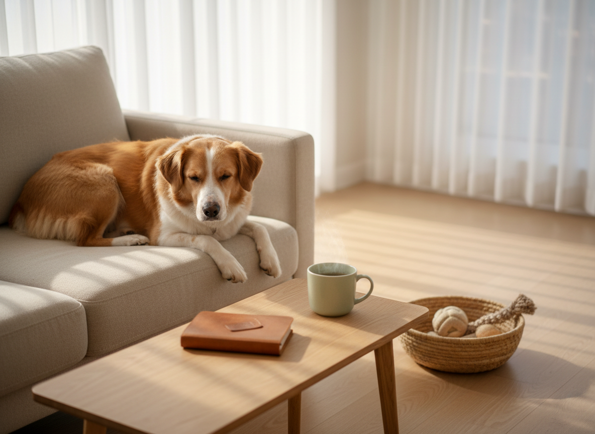 A medium-sized, mixed-breed dog with a soft caramel and white coat, neatly brushed fur, and a relaxed posture lies on a low, oatmeal-colored linen sofa. Beside the dog sits a simple leather-bound journal closed next to a ceramic mug of herbal tea on a slim oak coffee table. The room is a calm, modern living space with light wood floors and a few minimalist dog toys arranged in a woven basket in the background. Soft morning light filters through sheer curtains, casting gentle shadows and a warm glow. Photographic realism, eye-level composition with a shallow depth of field keeps the dog and journal in crisp focus, conveying a sophisticated, restful atmosphere of quiet balance at home.